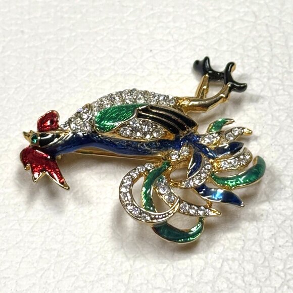 Rooster Chicken Brooch Pin Gold Tone Rhinestones Red Blue Enamel Figural 3D - Picture 5 of 6